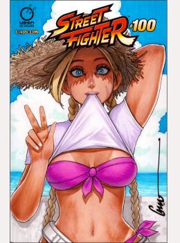 1girl arm_behind_head artist_name bandeau beach belt bikini blonde_hair blue_eyes blue_sky border braid breasts cammy_white capcom cleavage clothes_lift commentary commentary_request copyright_name english_commentary hat large_breasts long_hair looking_at_viewer navel numbered ocean official_alternate_costume omar_dogan parted_lips pink_bandeau pink_bikini pink_lips presenting_own_breasts protected_link scan shirt shirt_lift signature sky solo straw_hat street_fighter street_fighter_6 sun_hat swimsuit t-shirt tan tanline toned toned_female traditional_media twin_braids udon_entertainment v water white_belt white_border white_shirt