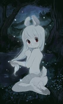 1girl albino animal_ears back bare_shoulders blush brushing_hair colored_skin faun fireflies grass highres hooves horse_legs long_hair looking_at_viewer looking_back meltydewy monster_girl nature night on_grass original red_eyes short_tail tail topless_female tree water white_fur white_hair white_skin