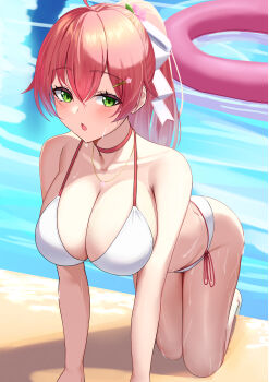 1girl absurdres ahoge all_fours arisugawa_ya bare_shoulders bent_over bikini blush bow breasts choker cleavage collarbone commentary_request flower flower_necklace green_eyes hair_between_eyes hair_bow hair_ornament hairclip highres hololive innertube jewelry large_breasts long_hair looking_at_viewer necklace open_mouth pink_choker pink_hair ponytail pool poolside sakura_miko side-tie_bikini_bottom solo swim_ring swimsuit very_long_hair virtual_youtuber water wet white_bikini