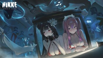 2girls angry bikini black_gloves black_hair blurry blush breasts cleavage closed_mouth clothing_cutout commentary english_commentary flower frown ghost gloves goddess_of_victory:_nikke grey_hair hair_between_eyes hair_bun hair_flower hair_ornament half_gloves hat hiding highres indoors large_breasts long_hair multiple_girls navel_cutout nurse_cap official_art one-piece_swimsuit one_side_up parted_lips pepper_(nikke) pepper_(ocean_vitamin)_(nikke) pink_hair red_bikini red_eyes red_nails rucarachi scared shiny_skin side-tie_bikini_bottom sideboob sidelocks spoilers swimsuit table thigh_strap thighs under_table wet wrist_cuffs yan_(nikke) yan_(sunrise_market)_(nikke)