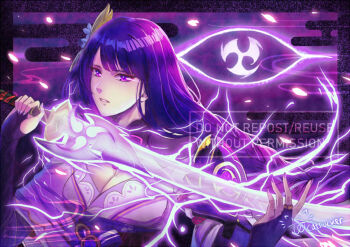 1girl breasts bridal_gauntlets catrocker15 cleavage commentary electricity electro_symbol_(genshin_impact) english_commentary eye_trail genshin_impact glowing glowing_eyes hair_ornament holding holding_sword holding_weapon huge_breasts japanese_clothes katana kimono koihime_musou light_trail mitsudomoe_(shape) mole mole_under_eye neck_ribbon purple_background purple_eyes purple_hair purple_kimono raiden_shogun red_ribbon ribbon solo sword tomoe_(symbol) upper_body weapon
