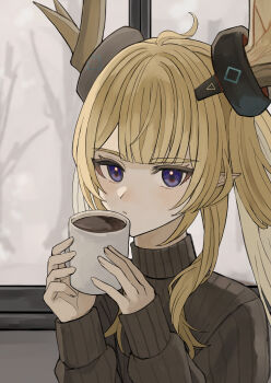 1girl absurdres arknights blonde_hair blunt_bangs brown_horns brown_sweater closed_mouth coffee commentary drink english_commentary highres holding holding_drink horns leizi_(arknights) long_hair long_sleeves looking_at_viewer pointy_ears purple_eyes single_sleeve_past_wrist solo sweater turtleneck turtleneck_sweater udo_(akn_otk) upper_body