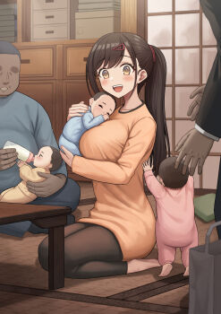 1girl 2boys 3others aikawa_kasumi_(temakizushi) baby baby_bottle bag barefoot black_leggings bottle breasts brown_hair carrying carrying_baby carrying_person commentary_request family father_and_child feeding hair_ornament hair_tie hairclip highres large_breasts leggings long_hair long_sleeves looking_at_viewer mother_and_child multiple_boys multiple_others onesie open_mouth orange_shirt original paid_reward_available paper_bag polygamy ponytail seiza shirt shouji sitting sliding_doors table tatami teeth temakizushi_(temakizushisand) upper_teeth_only very_long_hair yellow_eyes