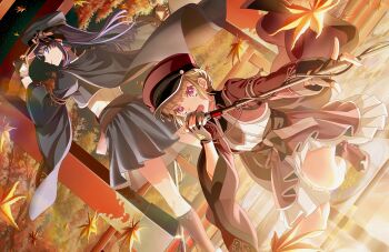 2girls autumn autumn_leaves black_cape black_gloves black_jacket blue_eyes brown_hair brown_jacket brown_skirt cape dollchestra dutch_angle falling_leaves fingerless_gloves full_body game_cg garand_flash_(love_live!) gloves highres jacket kachimachi_kosuzu layered_skirt leaf link!_like!_love_live! long_hair long_sleeves looking_at_viewer love_live! maple_leaf multiple_girls murano_sayaka non-web_source official_art open_mouth purple_hair shirt short_hair skirt squatting standing torii virtual_youtuber white_shirt white_skirt wide_sleeves