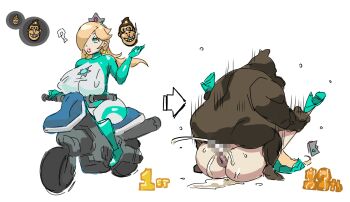 1boy 1girl ? anus ass bestiality blonde_hair blue_eyes censored crown donkey_kong donkey_kong_(series) highres kanden-ki leg_grab lying mario_(series) mario_kart mating_press monkey mosaic_censoring motor_vehicle nintendo on_vehicle rosalina sex simple_background white_background