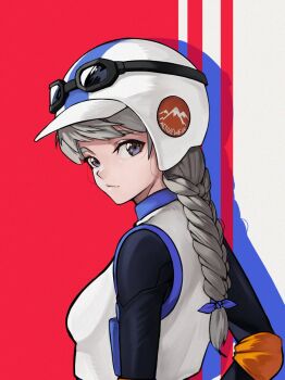 1girl border braid braided_ponytail breasts closed_mouth commentary commission drop_shadow english_commentary eyewear_on_head from_side grey_hair helmet highres kobi420 long_hair looking_to_the_side original purple_eyes red_background shirt small_breasts solo upper_body white_border white_shirt
