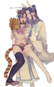 2boys alternate_costume amana_raika animal animal_collar animal_ears animal_hands asymmetrical_footwear bishounen black_boots black_collar black_hair black_panties blush boots bound bound_wrists bow breath bulge chinese_clothes closed_mouth collar commentary_request couple crop_top crossdressing crossdressing_(mtf) english_text fake_animal_ears food_in_mouth full_body gloves grey_eyes groin hand_on_another&#039;s_thigh hand_on_another&#039;s_waist hanfu highres holding holding_animal holding_rabbit kemonomimi_mode lace lace-trimmed_panties lace_trim lan_wangji long_hair looking_at_another male_focus miffy miffy_(character) modao_zushi mouth_hold multiple_boys navel panties paw_gloves pink_sailor_collar ponytail pubic_tattoo rabbit rabbit_boy rabbit_ears rabbit_tail robe sailor_collar school_uniform serafuku shirt short_sleeves side-tie_panties sidelocks simple_background sitting sitting_on_lap sitting_on_person smile sweat tail tanghulu tattoo thigh_boots thigh_grab tiger_boy tiger_ears tiger_tail topknot trap twitter_username underwear watermark wei_wuxian white_background white_boots white_hanfu white_rabbit_(animal) white_serafuku white_shirt wide_sleeves yaoi yellow_eyes