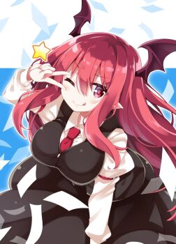 1girl akaneya bat_wings bow bowtie demon_girl demon_tail demon_wings head_wings koakuma library long_hair red_bow red_bowtie red_hair skirt skirt_set solo tail touhou voile wings