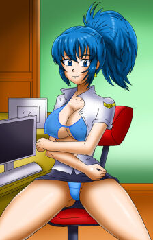 1girl between_legs blue_eyes blue_hair breasts cesaru cesaru33 chair clothes_lift clothes_pull computer desk door earrings female_focus gluteal_fold highres indoors jewelry large_breasts leona_heidern long_hair looking_at_viewer nipples office office_chair office_lady open_clothes pale_skin panties ponytail shirt sitting skirt skirt_lift skirt_pull smile spread_legs swivel_chair the_king_of_fighters thighs underwear undressing white_shirt