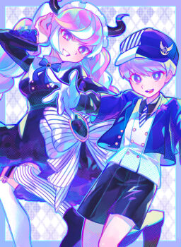 1boy 1girl :d alternate_costume argyle_background baseball_cap black_dress black_horns black_pants blue_jacket blue_ribbon braid dress gloves hand_up hat highres horns iro_(mywife_sunny) jacket long_hair long_sleeves looking_at_viewer master_detective_archives:_rain_code neck_ribbon open_mouth pants pink_hair purple_background purple_eyes purple_hair ribbon shinigami_(rain_code) short_hair smile standing thighhighs twin_braids white_gloves white_thighhighs yuma_kokohead