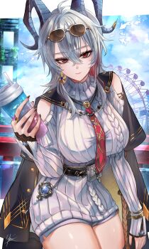 1girl black_horns black_jacket black_nails breasts closed_mouth clothing_cutout commentary_request cowboy_shot cup curled_horns disposable_cup dress earrings eyewear_on_head fingernails hair_between_eyes highres holding holding_cup horns jacket jacket_on_shoulders jewelry large_breasts long_hair looking_at_viewer mole mole_under_eye multicolored_hair nail_polish necktie official_alternate_costume red_eyes red_necktie shoulder_cutout solo streaked_hair sunglasses sweater sweater_dress thighs turtleneck turtleneck_dress wuthering_waves yoru_shiki zani_(downtown_repose)_(wuthering_waves) zani_(wuthering_waves)