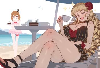 2girls :d ass beach_chair beach_umbrella beatrice_(umineko) blonde_hair blue_eyes blush_stickers bow breasts brown_hair cake cake_slice cleavage commentary crossed_legs crown cup ebora english_commentary flower food hair_flower hair_ornament highres holding holding_cup holding_plate large_breasts long_hair mini_crown multiple_girls one-piece_swimsuit open_mouth pink_one-piece_swimsuit plate red_bow red_flower red_rose rose sandals sitting smile striped_clothes swimsuit teacup thigh_strap umbrella umineko_no_naku_koro_ni ushiromiya_battler vertical-striped_clothes wrist_bow
