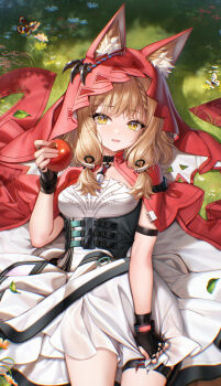 1girl animal_ear_fluff animal_ears arknights arknights:_endfield arm_strap black_gloves blonde_hair braid breasts bug butterfly cape commentary_request dakimakura_(medium) day dress fingerless_gloves flower food fruit gloves grass hand_up highres holding holding_food holding_fruit holding_own_skirt hood hood_up insect jewelry jg&amp;solin long_hair looking_at_viewer lying merchandise_available multiple_rings necklace on_back on_ground open_mouth outdoors partial_commentary red_cape red_hood ring rossi_(arknights) small_breasts solo thigh_strap thighs tooth_necklace white_dress wolf_ears wolf_girl yellow_eyes