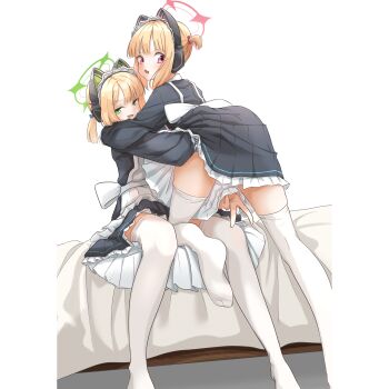 2girls blonde_hair blue_archive cake506 midori_(blue_archive) midori_(maid)_(blue_archive) momoi_(blue_archive) momoi_(maid)_(blue_archive) multiple_girls on_bed sitting