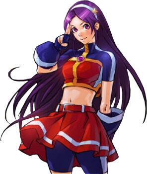 1girl asamiya_athena bike_shorts breasts dress female_focus gloves hairband large_breasts long_hair looking_at_viewer orochidarkkyo pale_skin pants purple_eyes purple_hair skirt standing star_(symbol) the_king_of_fighters thick_thighs thighs tight_clothes tight_pants wide_hips