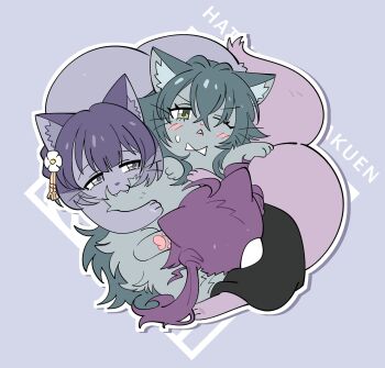 3girls :3 ahoge animal_focus animalization biting blue_fur blush cat fangs flower gakuen_idolmaster green_eyes green_fur green_hair hair_flower hair_ornament hataya_misuzu highres idolmaster kaya_rinha millcookie_pro multiple_girls no_humans one_eye_closed outline pawpads purple_fur purple_hair syngup!_(idolmaster) tsukimura_temari white_outline