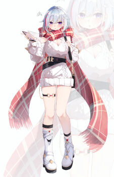 Rule 34 | 1girl, absurdres, alternate costume, bag, boots, breasts, cleavage cutout, clothing cutout, commentary, dress, elphe, english commentary, handbag, heart cutout, highres, holding, holding bag, holding phone, honkai: star rail, honkai (series), large breasts, multicolored hair, phone, purple eyes, red hair, red scarf, scarf, solo, streaked hair, sweater, sweater dress, thigh strap, thighs, topaz (honkai: star rail), two-tone hair, white boots, white hair, white sweater, winter clothes, zoom layer