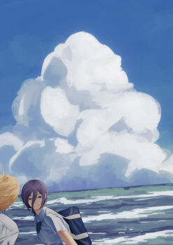 1boy 1girl absurdres bag blonde_hair blue_sky chainsaw_man closed_mouth cloud cumulonimbus_cloud day denji_(chainsaw_man) green_eyes hair_between_eyes highres looking_at_viewer outdoors purple_hair reze_(chainsaw_man) school_bag sharkespeare shirt short_hair sky smile white_shirt