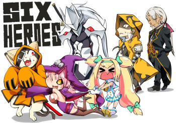 Rule 34 | > <, 2girls, 4boys, arc system works, armor, ass, bare shoulders, black sclera, blazblue, blonde hair, blush, boots, breasts, cape, cape pull, cat, chibi, closed eyes, colored sclera, detached sleeves, dress, eyepatch, facial hair, fang, formal clothes, gloves, green hair, hair ribbon, hairband, hakumen, hat, high heels, hood, hug, jubei (blazblue), konoe a. mercury, large breasts, long hair, mask, multiple boys, multiple girls, one eye closed, open mouth, orange eyes, phantom (blazblue), pink hair, platinum the trinity, ponytail, quad tails, ribbon, sheath, sheathed, shiny skin, short dress, short hair, sideboob, silver hair, skirt, smile, suit, sweatdrop, sword, tamuhime, thighhighs, valkenhayn r hellsing, very long hair, weapon, yellow eyes, yuuki terumi