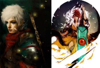 1boy 1girl bastion collage company_connection lips muju nose realistic red_(transistor) red_hair supergiant_games the_kid_(bastion) the_transistor transistor_(game) white_hair unfinished