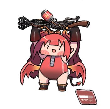 Rule 34 | 1girl, :d, arms up, black boots, black gloves, blush stickers, boots, chibi, commission, demon horns, demon tail, demon wings, flamethrower, full body, genderswap, genderswap (otf), gloves, highres, holding, holding flamethrower, holding weapon, horns, leotard, long hair, open clothes, open mouth, pyro (tf2), red hair, red leotard, red pyro (tf2), smile, solo, tail, team fortress 2, twintails, v-shaped eyebrows, very long hair, weapon, wersman, wings, zipper, | |
