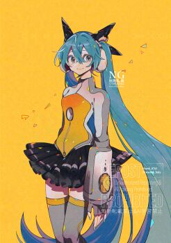 1girl adversarial_noise aqua_eyes aqua_hair aqua_nails black_skirt bodysuit frilled_skirt frills grey_bodysuit grey_thighhighs hatsune_miku hatsune_miku_(heartbeat) headphones highres kawasaki_(kwsk_8765) long_hair looking_at_viewer nail_polish odds_&amp;_ends_(vocaloid) orange_bodysuit project_diva_(series) project_diva_f skirt solo standing thighhighs twintails very_long_hair watermark yellow_background