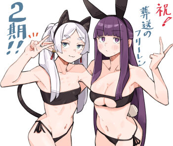 2girls :3 absurdres animal_ear_hairband animal_ears bare_shoulders bikini blunt_bangs breasts cat_ear_hairband cat_ears commentary commentary_request earrings fake_animal_ears fake_tail fern_(sousou_no_frieren) frieren from_above green_eyes hairband highres hip_bones jewelry large_breasts long_hair looking_at_viewer multiple_girls navel parted_bang playboy_bunny purple_eyes purple_hair sattinittas simple_background small_breasts sousou_no_frieren swimsuit tail translation_request v white_background white_hair