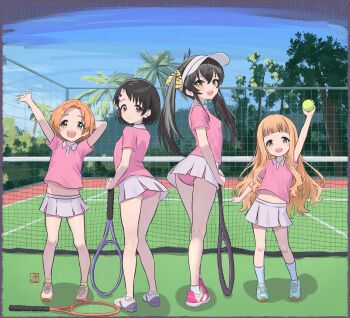 4girls absurdres ass ball black_hair elementary_(lolipope) highres ichihara_nina idolmaster idolmaster_cinderella_girls long_hair matoba_risa multiple_girls panties pink_panties racket ryuzaki_kaoru sasaki_chie short_hair skirt smile sportswear tennis_ball tennis_racket tennis_uniform twintails underwear