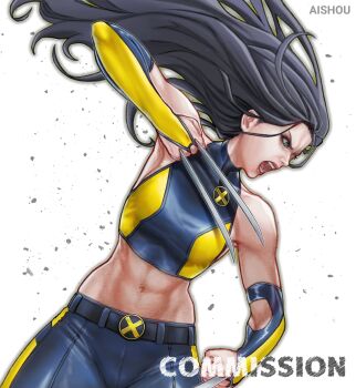 1girl absurdres ai_shou animification black_hair bodysuit breasts claw_(weapon) claws cleavage cosplay gloves green_eyes highres laura_kinney long_hair marvel midriff multicolored_bodysuit navel solo superhero_costume two-tone_bodysuit weapon wolverine_(x-men) wolverine_(x-men)_(cosplay) x-23 x-men yellow_bodysuit