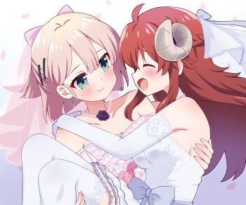 Rule 34 | 2girls, aqua eyes, arms around neck, bare shoulders, blush, bridal veil, carrying, chiyoda momo, closed eyes, closed mouth, commentary request, dress, elbow gloves, fang, gloves, highres, horns, jewelry, long hair, ma tsukasa, machikado mazoku, medium hair, multiple girls, necklace, open mouth, pink dress, pink hair, princess carry, red hair, skin fang, smile, thighhighs, veil, wedding dress, white dress, white gloves, white thighhighs, wife and wife, yoshida yuuko, yuri