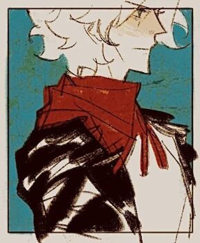 1boy bandana black_jacket blue_background border classicaloid closed_mouth faux_traditional_media from_side green_eyes jacket ludwig_van_beethoven_(classicaloid) male_focus red_bandana shirt short_hair solo upper_body vous_allez_beaux_reve white_border white_hair white_shirt