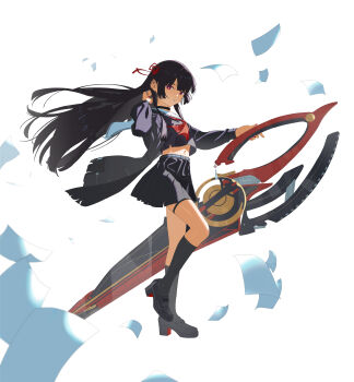1girl absurdres black_choker black_hair black_jacket black_serafuku black_shirt black_shoes black_skirt black_socks chisa_(wuthering_waves) choker commentary from_side full_body gan_guo_ximilu hair_ribbon hand_up highres holding holding_sword holding_weapon jacket long_hair long_sleeves looking_at_viewer looking_to_the_side midriff navel neckerchief parted_lips red_eyes red_neckerchief red_ribbon ribbon sailor_collar school_uniform serafuku shirt shoes simple_background skirt socks solo sword thigh_strap thighs weapon white_background white_sailor_collar wuthering_waves