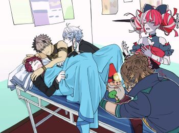 Rule 34 | 1girl, 4boys, after birth, ahoge, bed, belt, black hair, black jacket, black nails, blanket, blue hair, bow, braid, brown hair, cape, clenched teeth, closed eyes, colored skin, commentary, crimzon ruze, diamond choker, dinosaur boy, dinosaur tail, double bun, dress, earrings, english commentary, garden gnome, giving birth, gnome chompski, goldbullet, green cape, grey hair, grey skin, hair between eyes, hair bow, hair bun, hair ornament, hairpin, headlamp, holoarmis, hololive, hololive indonesia, holostars, holostars english, hospital bed, huge bow, jacket, jewelry, jurard t rexford, kureiji ollie, kureiji ollie (1st costume), left 4 dead, left 4 dead 2, male pregnancy, meme, multicolored hair, multicolored skin, multiple belts, multiple boys, multiple braids, object through head, octavio, open mouth, pain, patchwork skin, pink eyes, pink hair, pointy ears, purple eyes, red hair, sharp teeth, shin diena, shirt, short hair, spread legs, stitched arm, stitched face, stitches, streaked hair, stuffed dinosaur, stuffed toy, sword in head, tail, teeth, torn clothes, torn dress, towel, tri braids, two-tone hair, two-tone skin, virtual youtuber, zombie