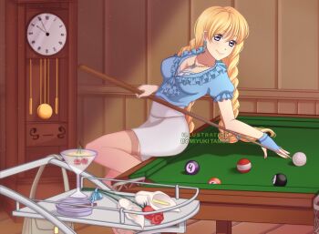 1girl 8-ball alcohol ashtray ball billiard_ball billiards blonde_hair blue_eyes blue_gloves blue_ribbon blue_shirt braid breasts brown_thighhighs carnation center_frills cherry cigarette cleavage clock cocktail_glass collarbone cue_stick cup drinking_glass fingerless_gloves flower food frilled_shirt frills fruit gloves grey_shirt highres indoors jewelry large_breasts long_hair looking_at_viewer low_twin_braids miyukitamoeart necklace original pearl_necklace pencil_skirt pool_table red_flower red_rose ribbon rose shirt short_sleeves signature skirt slavya-chan solo table thighhighs tray twin_braids white_carnation white_flower wooden_floor