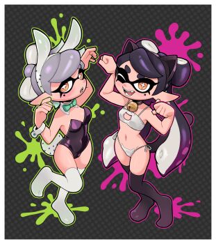 Rule 34 | 2girls, absurdres, animal ear hairband, animal ears, bikini, black hair, black leotard, blush, breasts, callie (splatoon), cat cutout, cat ear hairband, cat ears, clothing cutout, commentary, cross-shaped pupils, english commentary, fake animal ears, fangs, gato del futuro, green outline, grey hair, hairband, highres, leotard, long hair, looking at viewer, marie (splatoon), multiple girls, nintendo, open mouth, orange eyes, outline, paw pose, pink outline, playboy bunny, rabbit ear hairband, rabbit ears, short hair, small breasts, smile, splatoon (series), swimsuit, symbol-shaped pupils, tentacle hair, thighhighs, white bikini, white thighhighs