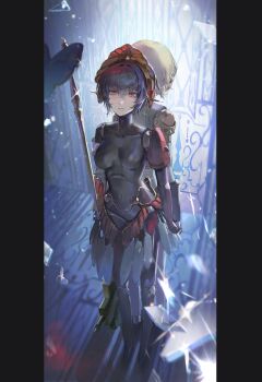 00608d 2girls absurdres aigis_(persona) android armband back-to-back black_hair blue_butterfly breasts bug butterfly closed_mouth commentary_request foreshortening full_body glass_shards gold_mask hair_between_eyes hashtag-only_commentary highres holding holding_hands holding_polearm holding_weapon indoors insect large_breasts looking_ahead mask metis_(persona) multiple_girls persona persona_3 persona_3_reload persona_3_the_answer pillarboxed polearm red_armband red_eyes s.e.e.s short_hair siblings sisters solo_focus spear standing unworn_mask weapon