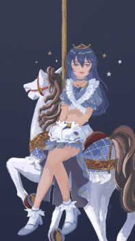 1girl blue_hair bow carousel choker full_body gloves gradient_background hands_on_lap high_heels highres jewelry long_hair love_live! love_live!_school_idol_project midriff music_s.t.a.r.t!! navel necklace no_lineart official_alternate_costume ohayo_tamago open_mouth puffy_short_sleeves puffy_sleeves short_sleeves sitting smile socks solo sonoda_umi star_(symbol) tiara white_gloves white_socks yellow_eyes