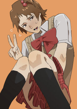 absurdres brown_eyes brown_hair commentary_request crossdressing embarrassed hair_ornament hanamura_yousuke highres kneehighs looking_at_viewer open_mouth persona persona_4 plaid_clothes plaid_skirt pleated_skirt red_skirt school_uniform shirt short_sleeves skirt socks sweat sweater_vest v white_shirt yoru_tsuki12