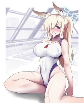 Rule 34 | 1girl, animal ear fluff, animal ears, blonde hair, blue archive, blue eyes, blue halo, breasts, clenched teeth, competition swimsuit, covered navel, dog ears, dog girl, extra ears, gax (good2000), hair over one eye, halo, highleg, highleg one-piece swimsuit, highres, kanna (blue archive), kanna (swimsuit) (blue archive), large breasts, long hair, looking at viewer, notched ear, official alternate costume, one-piece swimsuit, ponytail, pool, rei no pool, solo, swimsuit, teeth, wet, wet clothes, wet swimsuit, whistle, whistle around neck, white one-piece swimsuit