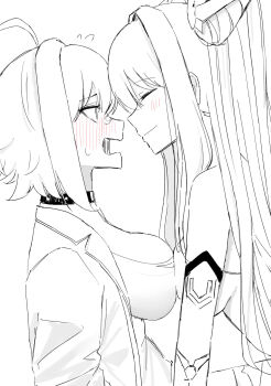 2girls accessories ahoge asymmetrical_docking backless_bodysuit bandaid bandaid_on_face bandaid_on_nose bare_shoulders blush bodysuit breast_press breasts cleavage flying_sweatdrops full-face_blush goddess_of_victory:_nikke hair_intakes halterneck highres isayshow jumpsuit large_breasts little_mermaid_(nikke) long_hair medium_breasts monochrome mori_(nikke) multiple_girls open_mouth short_hair short_jumpsuit smile very_long_hair