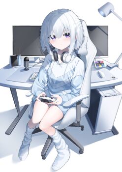 1girl absurdres breasts chair closed_mouth computer computer_tower controller desk desk_lamp drawstring game_controller grey_hair hair_between_eyes headphones headphones_around_neck highres holding hood hood_down hoodie instrument keyboard_(instrument) lamp long_sleeves monitor neku_(neku_draw) no_shoes office_chair on_chair original puffy_long_sleeves puffy_sleeves purple_eyes shadow short_hair simple_background sitting small_breasts socks solo swivel_chair white_background white_hoodie white_socks