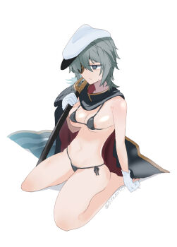 1girl @_@ barefoot bikini black_bikini black_cape black_eyes blue_hair breasts cape cleavage commentary_request eyepatch gloves hair_between_eyes hat highres holding holding_sheath holding_weapon kantai_collection kiso_(kancolle) medium_breasts micro_bikini sheath sheathed side-tie_bikini_bottom simple_background sirakane_(tigo5115) sitting solo sweat swimsuit twitter_username wariza weapon white_background white_gloves white_hat