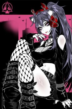 1girl akuma_nihmune animal_ears belt black_belt black_boots black_nails black_shirt black_skirt boots breasts cat_ears cleavage closed_mouth collar demon_horns dizzle facial_mark fake_horns fishnet_cutout fishnet_thighhighs fishnets hair_ornament headphones heart heart_facial_mark highres horns indie_virtual_youtuber large_breasts long_hair looking_at_viewer mole mole_under_eye nail_polish navel pink_eyes ponytail shirt skirt smile solo spiked_collar spikes star_(symbol) star_hair_ornament thighhighs tongue tongue_out very_long_hair virtual_youtuber