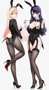 1girl abab_xiaxia absurdres animal_ear_hairband animal_ears black_bow black_bowtie black_garter_straps black_hairband black_leotard black_pantyhose black_shoes black_shrug black_thighhighs blonde_hair blush bow bowtie breasts christian_louboutin_(brand) cleavage detached_collar fake_animal_ears fake_tail garter_straps grin hairband high_heels highres kitagawa_marin large_breasts leotard long_hair louboutins open_mouth pantyhose patent_heels playboy_bunny pumps purple_hair purple_nails rabbit_ear_hairband rabbit_ears rabbit_tail red_eyes red_soles shoes shrug_(clothing) sidelocks smile sono_bisque_doll_wa_koi_wo_suru standing standing_on_one_leg stiletto_heels tail tailcoat_playboy_bunny thighhighs