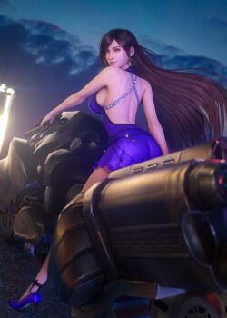 1girl 3d arched_back artist_name back backboob backless_dress backless_outfit bare_shoulders black_hair breasts brown_hair cloud cloudy_sky commentary crescent crescent_earrings dress earrings english_commentary final_fantasy final_fantasy_vii final_fantasy_vii_remake floating_hair from_behind full_body gold_earrings high_heels highres jewelry large_breasts lips long_hair looking_at_viewer looking_back motor_vehicle motorcycle night official_alternate_costume on_motorcycle outdoors patreon_username pink_lips purple_dress red_eyes short_dress sky sreliata tifa_lockhart tifa_lockhart_(refined_dress) very_long_hair