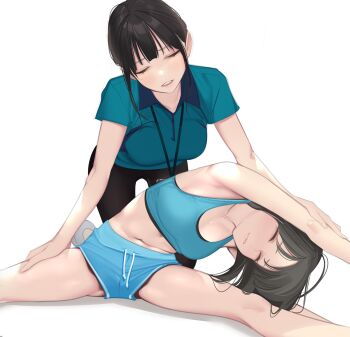 2girls ama_mitsuki armpits arms_up assisted_stretching behind_another black_hair blue_bra blue_shorts blunt_bangs blush bra breasts closed_eyes closed_mouth dolphin_shorts exercising flexible hand_on_another's_arm hand_on_another's_thigh highres kneeling long_hair medium_breasts multiple_girls navel open_mouth original shirt short_sleeves shorts sitting smile split sports_bra spread_legs stretching underwear wide_spread_legs