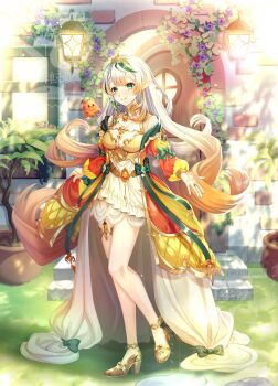 Rule 34 | 1girl, aqua eyes, blonde hair, boobplate, bow, breastplate, breasts, bright background, brooch, coat, colored tips, commentary request, commission, door, dress, earrings, full body, gem, gold choker, gold shoes, gradient hair, grass, green bow, green gem, high heels, highres, indie virtual youtuber, jewelry, ka2oh bushi, lamp, legs, long hair, looking at viewer, medium breasts, multicolored coat, multicolored hair, off shoulder, open clothes, open coat, orange coat, orange gem, pointy ears, second-party source, shoes, sleeveless, sleeveless dress, solo, sunlight, tiara, urushimori hasu (vtuber), virtual youtuber, white dress, white hair, window, yellow coat