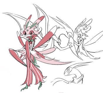 claws flygon gen_3_pokemon gen_7_pokemon looking_down lurantis multiple_views nintendo partially_colored pink_eyes pokemon pokemon_(creature) pokemon_focus scarf simple_background standing white_background xlii_idk