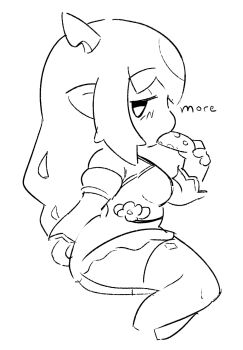 1girl arrivedcold artstyle_imitation breasts chibi cookie dress eating female_focus food hololive hololive_english horns irys_(hololive) long_hair looking_at_viewer medium_breasts monochrome pointy_ears simple_background solo solo_focus thighhighs thighs virtual_youtuber white_background
