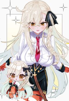 1girl bow braid breasts chibi commentary_request earrings fate/grand_order fate_(series) gloves hair_between_eyes hair_bow highres jewelry large_breasts long_hair multiple_views necktie olga_marie_animusphere olga_marie_animusphere_(unbeast) open_mouth orange_gloves red_necktie shirt side_braid smile solo sushi_173k white_hair white_shirt yellow_eyes